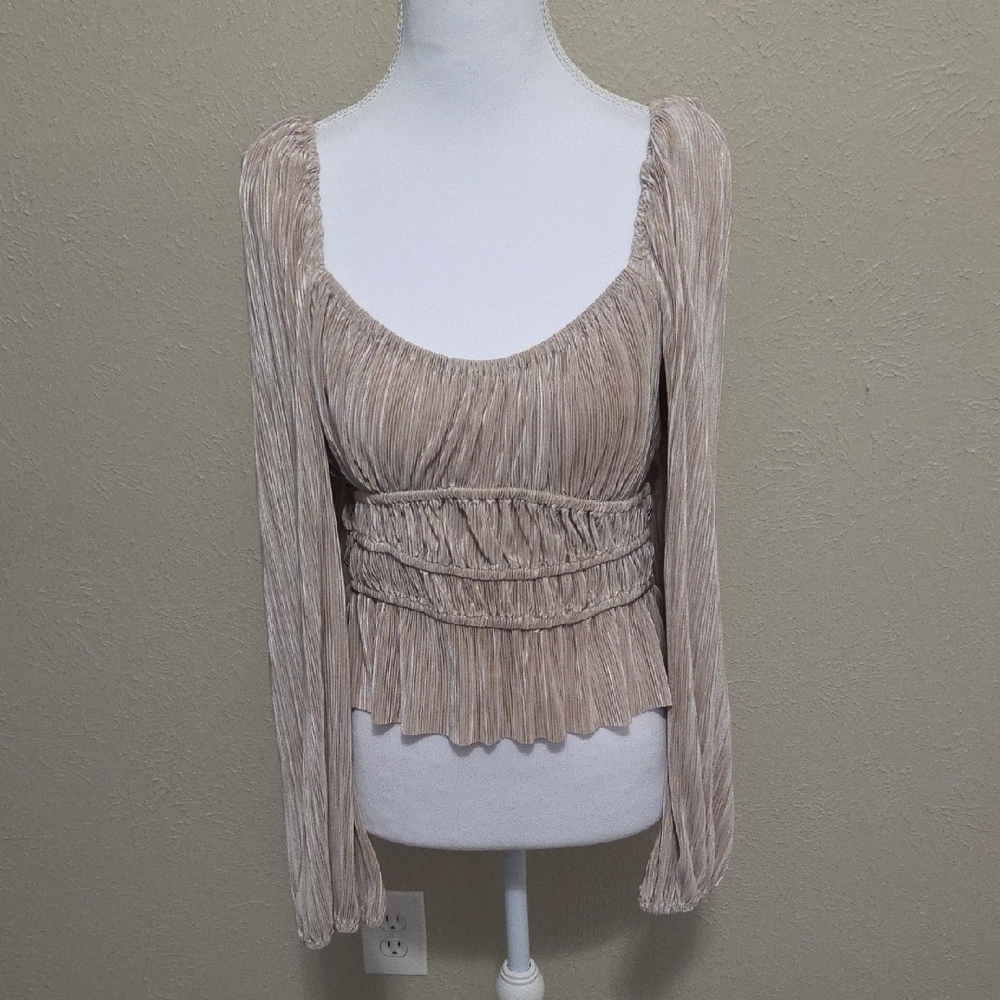 Astr Beige Textured Silky Long Sleeve Blouse, CropTop Style, Medium